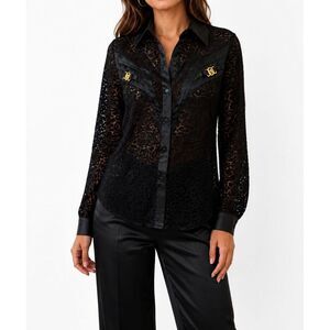 Vtg Black Sheer Lace & Satin Button Front Blouse Goth Whimsygoth BAROQUE Small